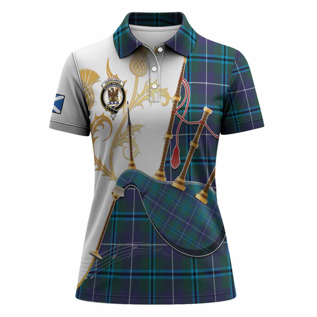 Sandilands Tartan Family Crest Women Polo Shirt Bagpipes with Scottish Thistle