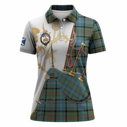 Paisley Tartan Family Crest Women Polo Shirt Bagpipes with Scottish Thistle