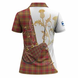 Scrymgeour Tartan Family Crest Women Polo Shirt Bagpipes with Scottish Thistle