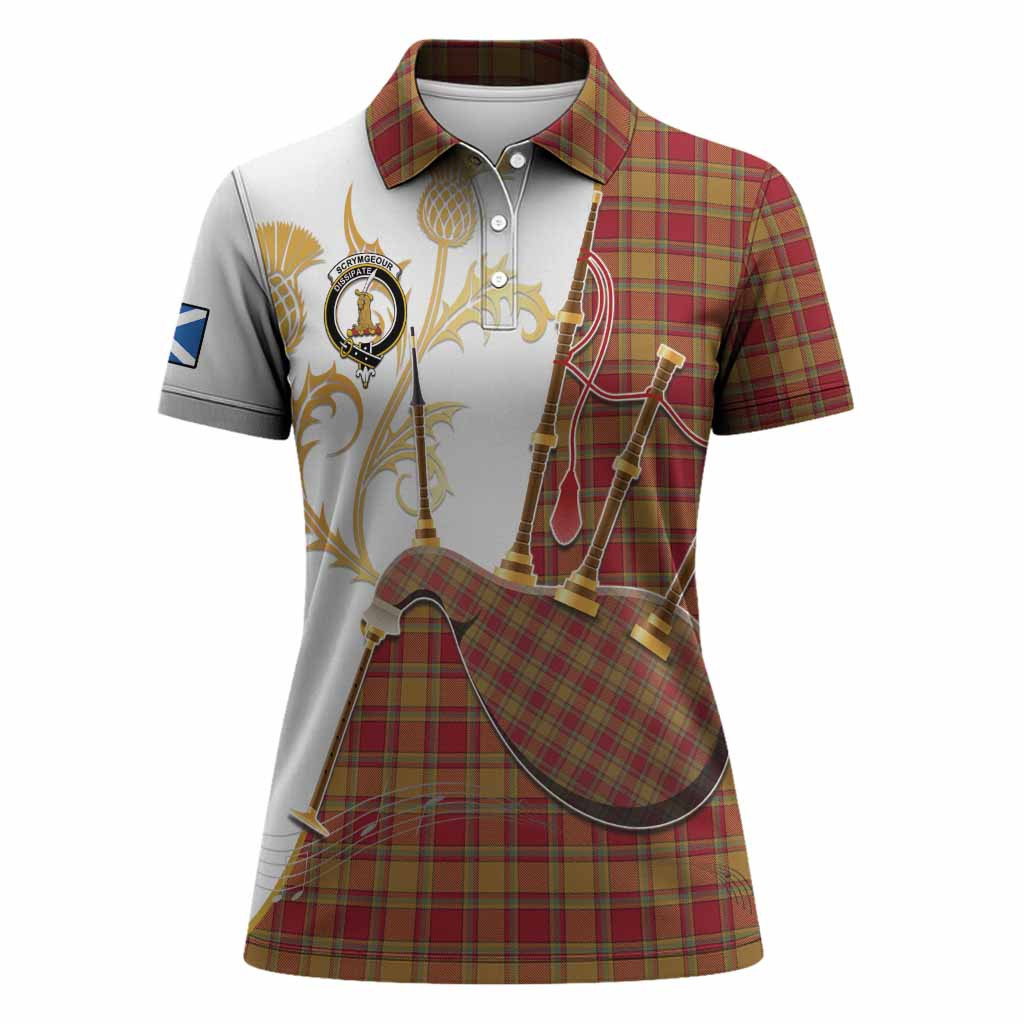 Scrymgeour Tartan Family Crest Women Polo Shirt Bagpipes with Scottish Thistle