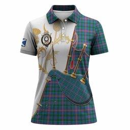 Pitcairn Tartan Family Crest Women Polo Shirt Bagpipes with Scottish Thistle