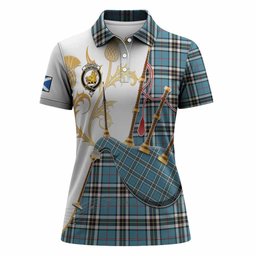 Thompson (Thomson) Tartan Family Crest Women Polo Shirt Bagpipes with Scottish Thistle