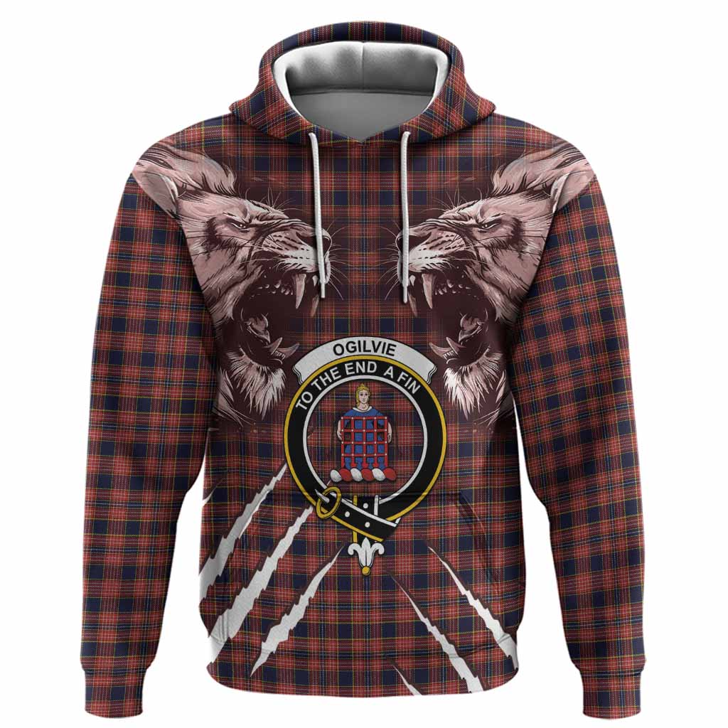 Ogilvie (Ogilvy) Tartan Crest Hoodie Ferocious Lion Style