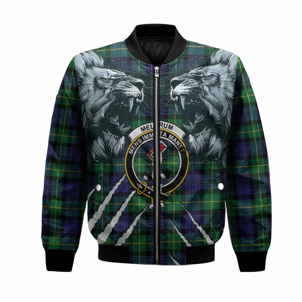 Meldrum Tartan Crest Bomber Jacket Ferocious Lion Style