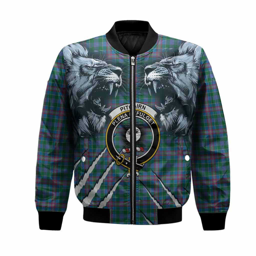 Pitcairn Tartan Crest Bomber Jacket Ferocious Lion Style