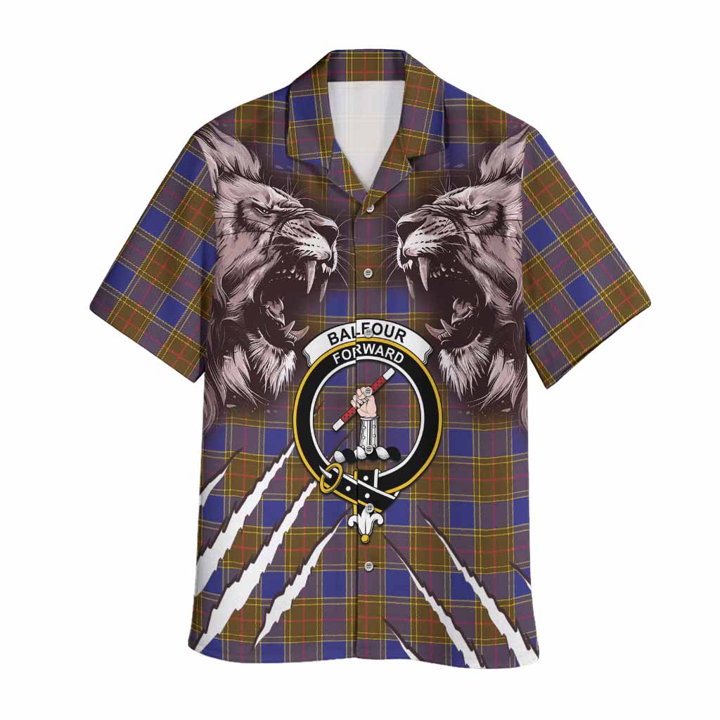 Balfour Tartan Crest Hawaiian Shirt Ferocious Lion Style