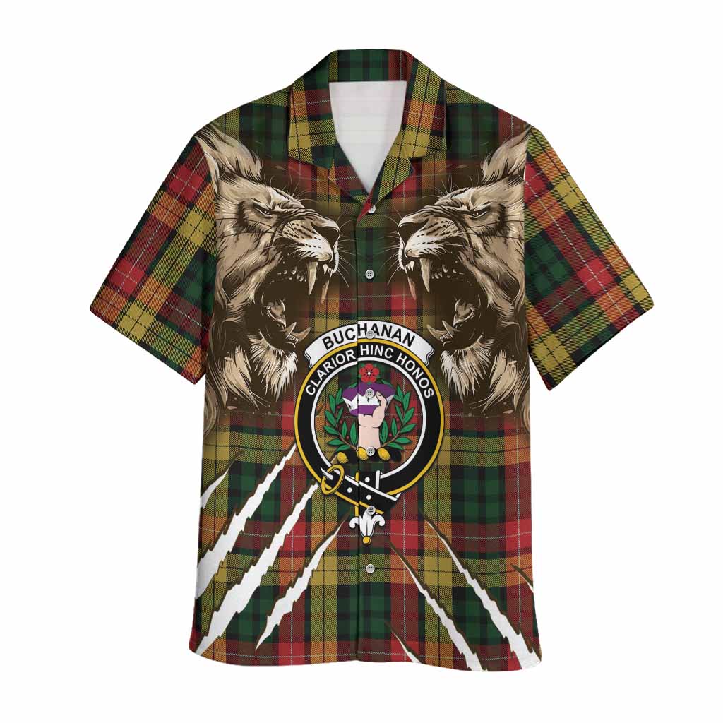 Buchanan Tartan Crest Hawaiian Shirt Ferocious Lion Style