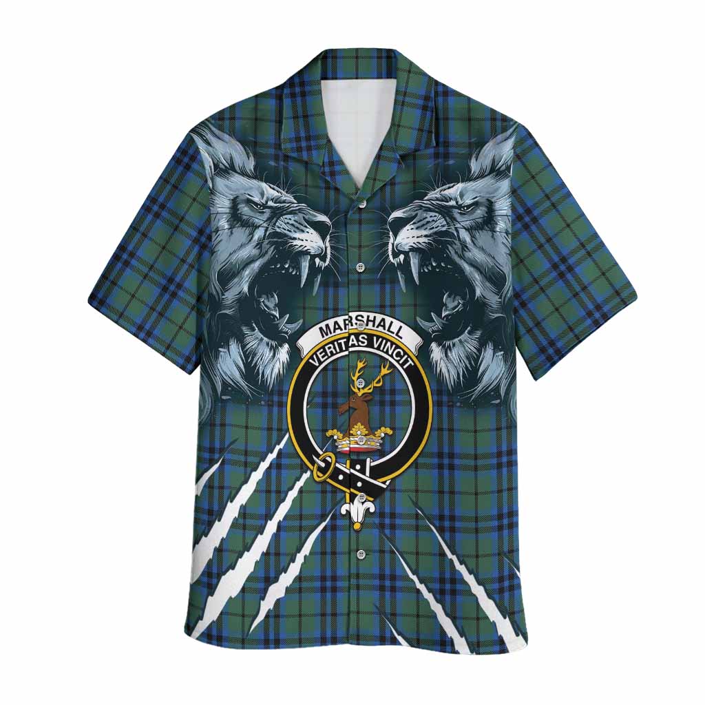 Marshall Tartan Crest Hawaiian Shirt Ferocious Lion Style