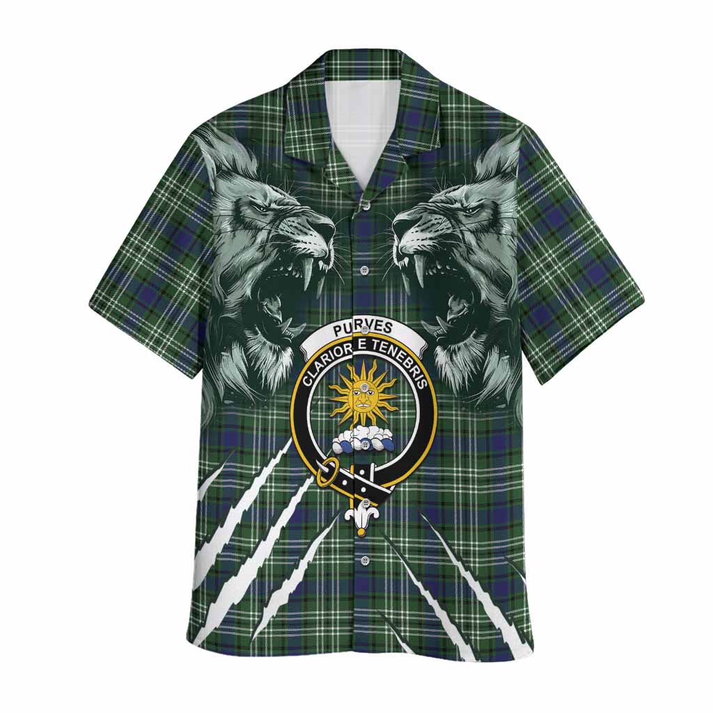Purves Tartan Crest Hawaiian Shirt Ferocious Lion Style