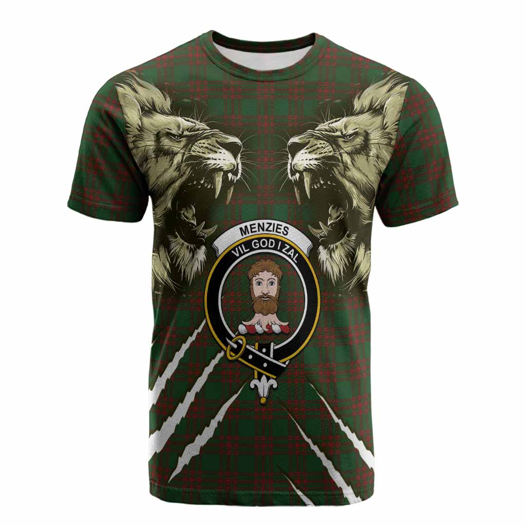 Menzies Tartan Crest Cotton T-shirt Ferocious Lion Style