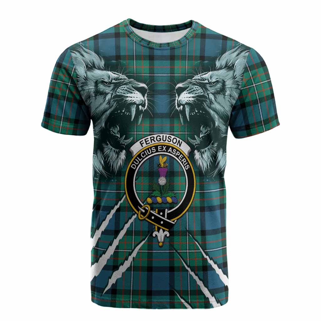 Ferguson (Fergusson) Tartan Crest Cotton T-shirt Ferocious Lion Style