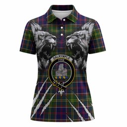 Dalrymple Tartan Crest Women Polo Shirt Ferocious Lion Style