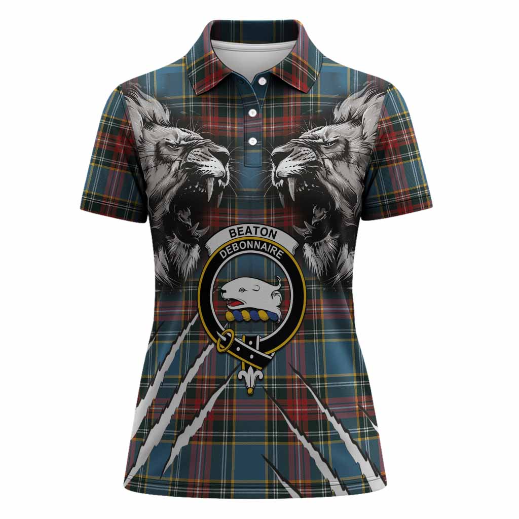 Beaton Tartan Crest Women Polo Shirt Ferocious Lion Style