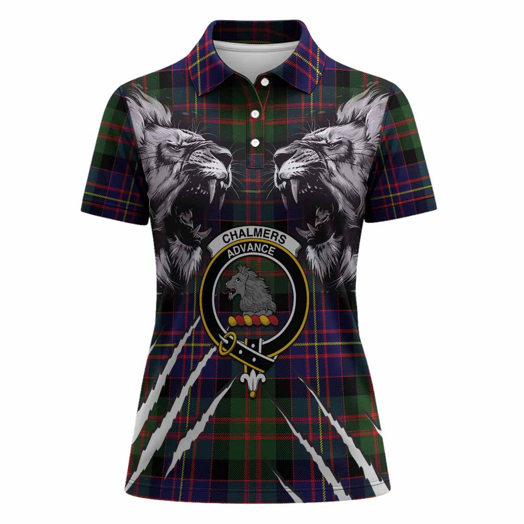 Chalmers Tartan Crest Women Polo Shirt Ferocious Lion Style