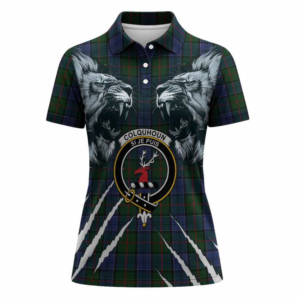 Colquhoun Tartan Crest Women Polo Shirt Ferocious Lion Style