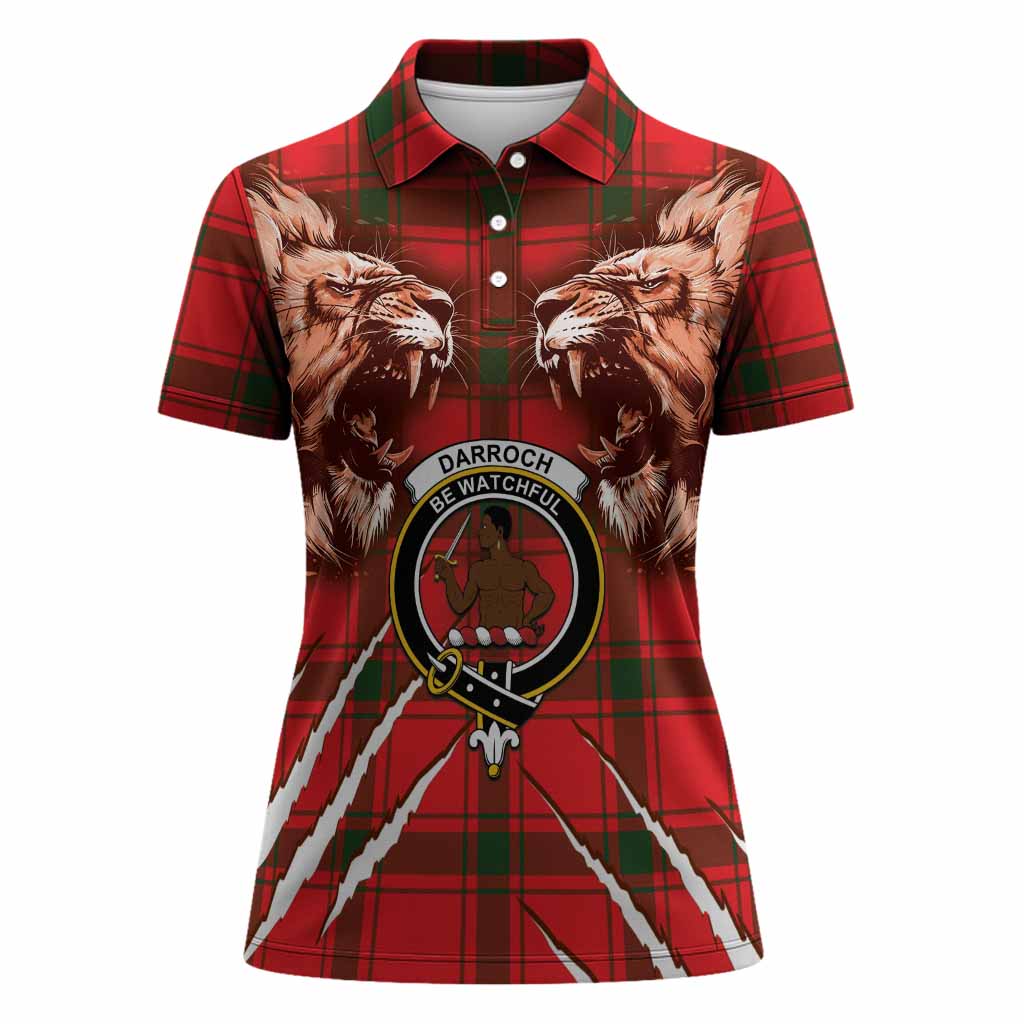 Darroch Tartan Crest Women Polo Shirt Ferocious Lion Style