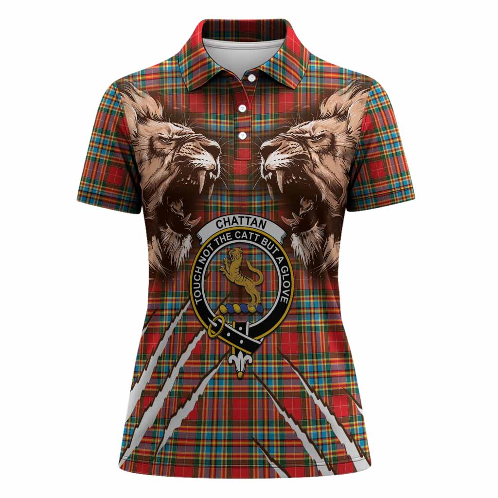 Chattan Tartan Crest Women Polo Shirt Ferocious Lion Style