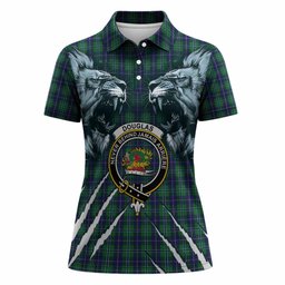 Douglas Tartan Crest Women Polo Shirt Ferocious Lion Style