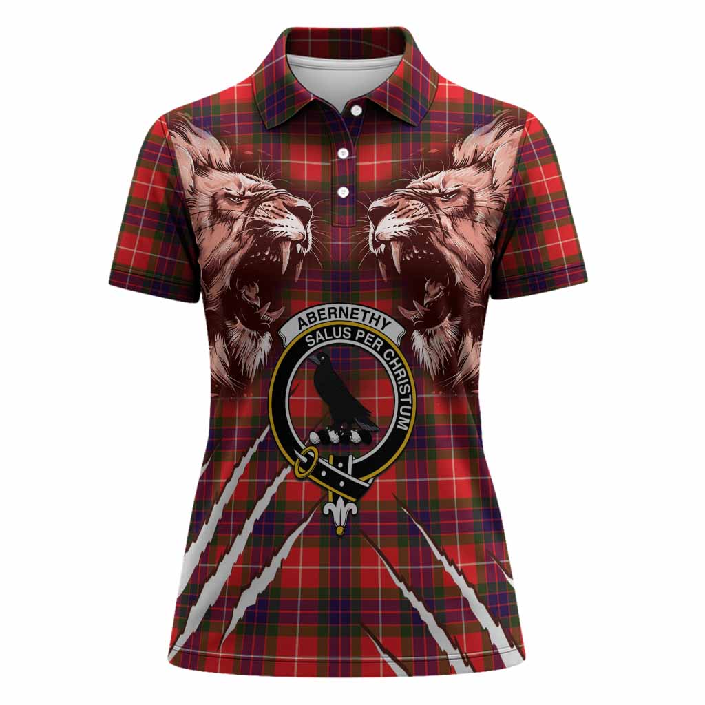 Abernethy Tartan Crest Women Polo Shirt Ferocious Lion Style