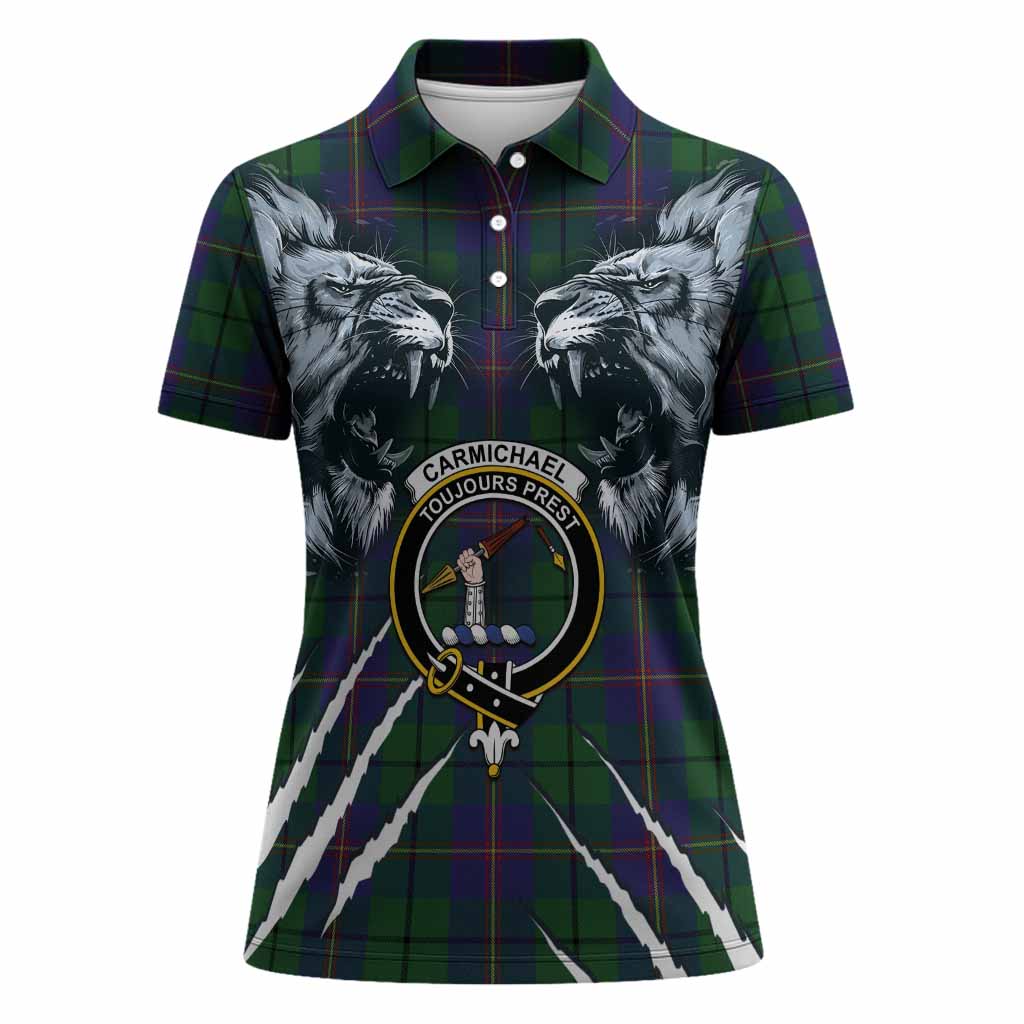Carmichael Tartan Crest Women Polo Shirt Ferocious Lion Style