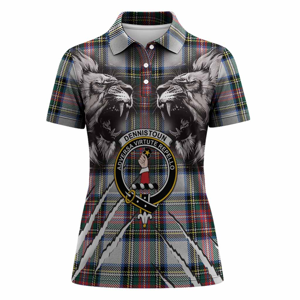 Dennistoun Tartan Crest Women Polo Shirt Ferocious Lion Style