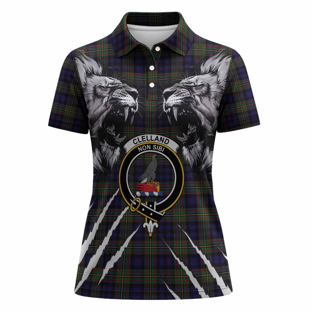 Clelland Tartan Crest Women Polo Shirt Ferocious Lion Style