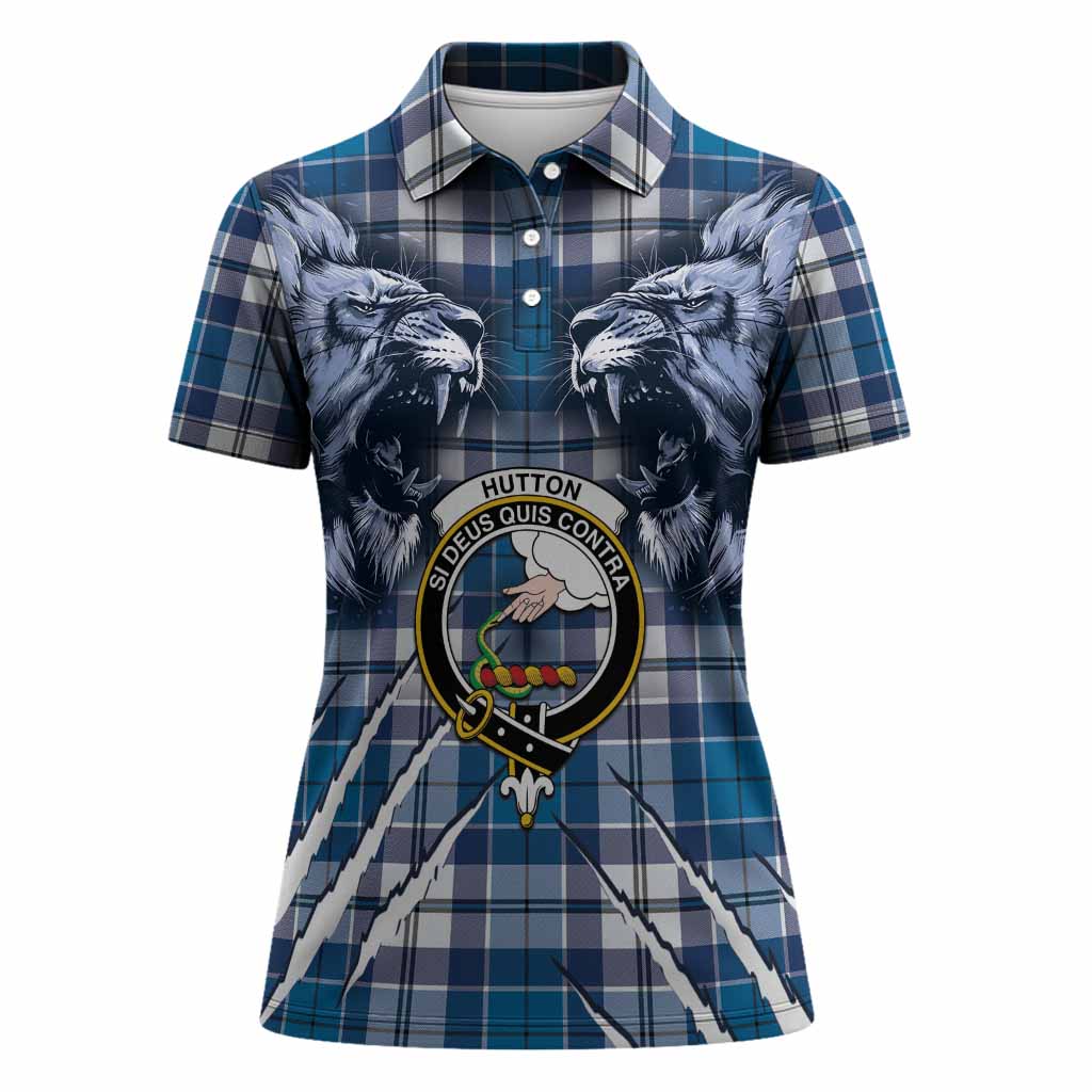 Hutton Tartan Crest Women Polo Shirt Ferocious Lion Style