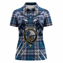 Hutton Tartan Crest Women Polo Shirt Ferocious Lion Style