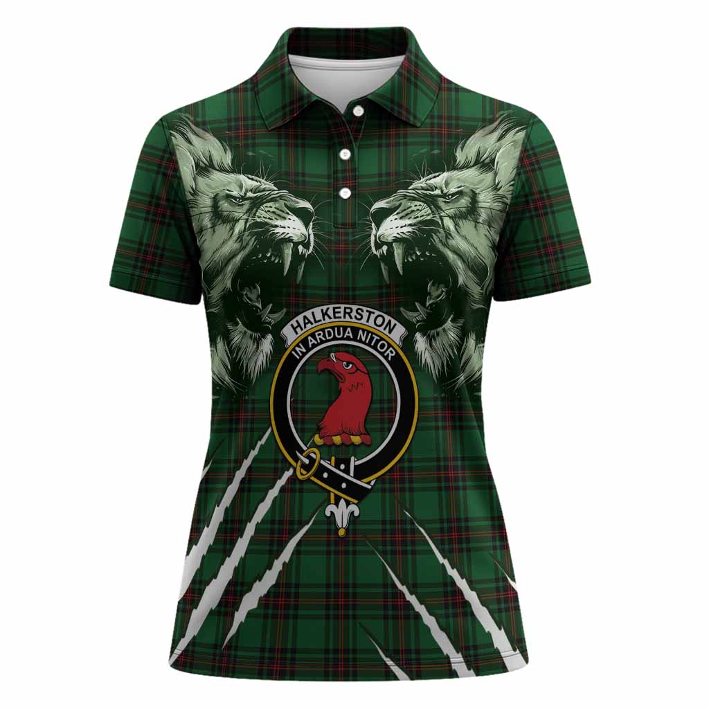 Halkerston Tartan Crest Women Polo Shirt Ferocious Lion Style