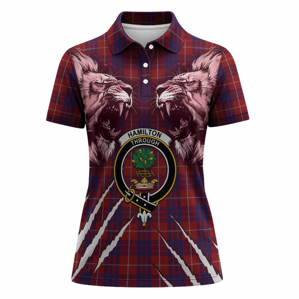 Hamilton Tartan Crest Women Polo Shirt Ferocious Lion Style
