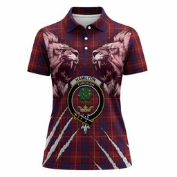 Hamilton Tartan Crest Women Polo Shirt Ferocious Lion Style
