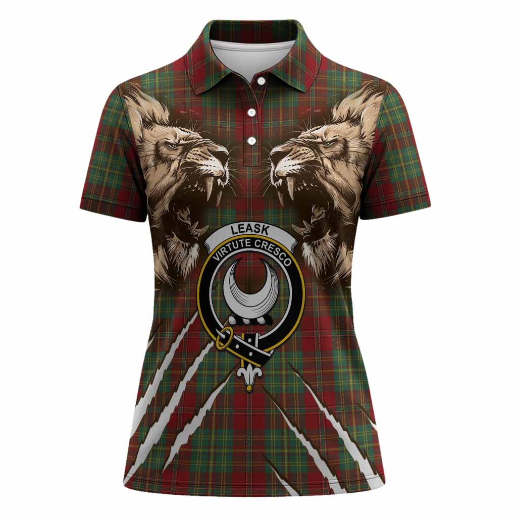 Leask Tartan Crest Women Polo Shirt Ferocious Lion Style