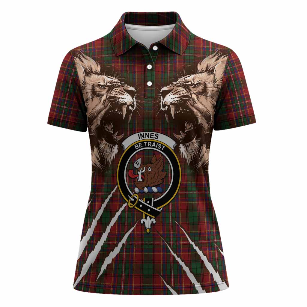 Innes Tartan Crest Women Polo Shirt Ferocious Lion Style