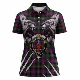 Logan Tartan Crest Women Polo Shirt Ferocious Lion Style
