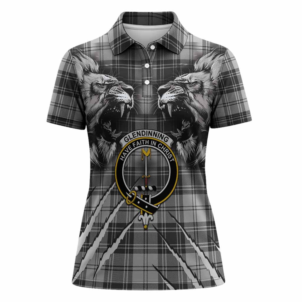 Glendinning Tartan Crest Women Polo Shirt Ferocious Lion Style