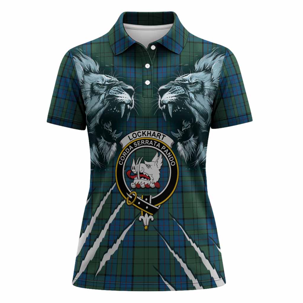 Lockhart Tartan Crest Women Polo Shirt Ferocious Lion Style