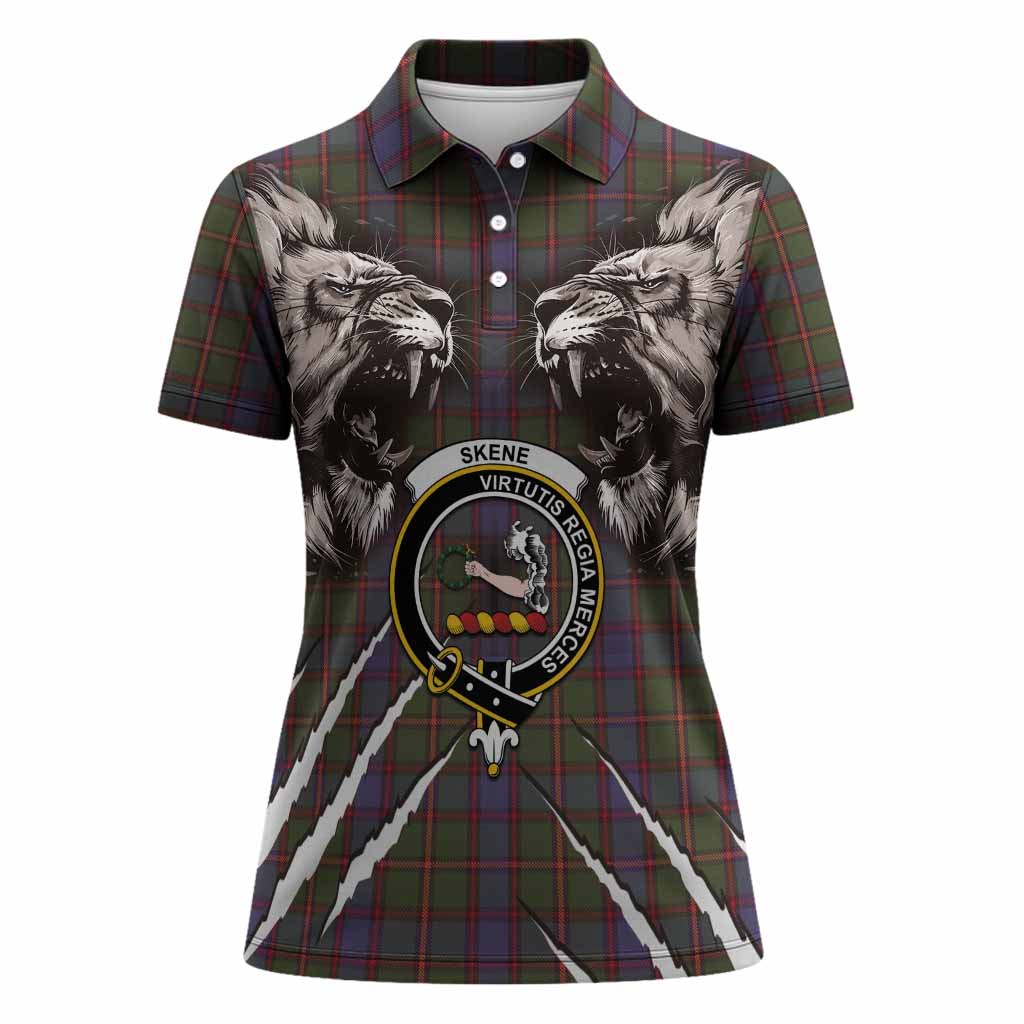 Skene Tartan Crest Women Polo Shirt Ferocious Lion Style