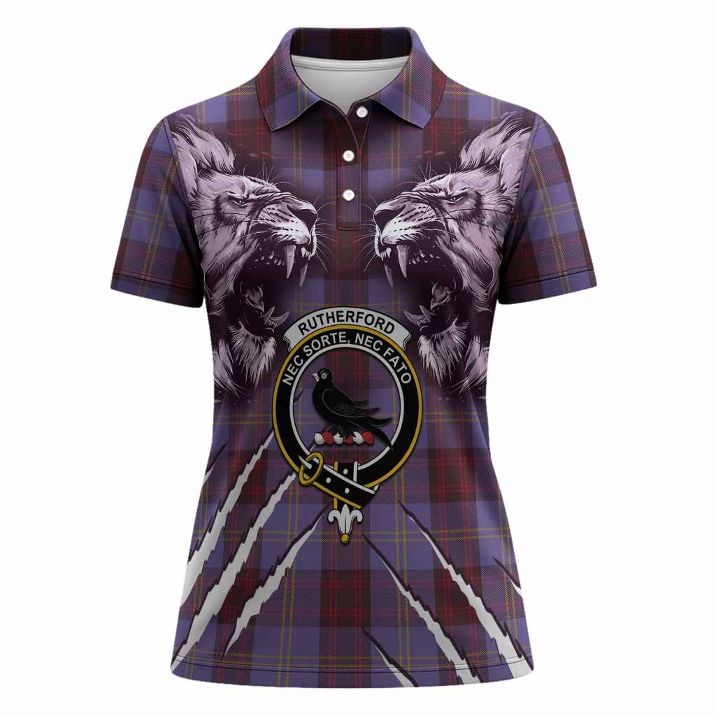 Rutherford Tartan Crest Women Polo Shirt Ferocious Lion Style