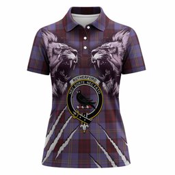 Rutherford Tartan Crest Women Polo Shirt Ferocious Lion Style