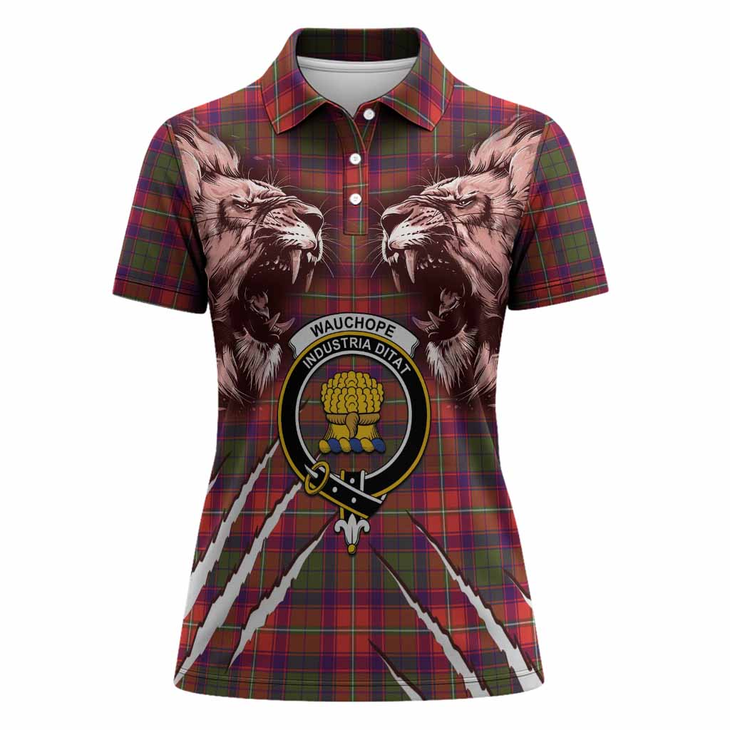 Wauchope Tartan Crest Women Polo Shirt Ferocious Lion Style