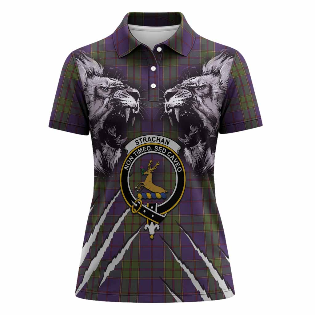 Strachan Tartan Crest Women Polo Shirt Ferocious Lion Style
