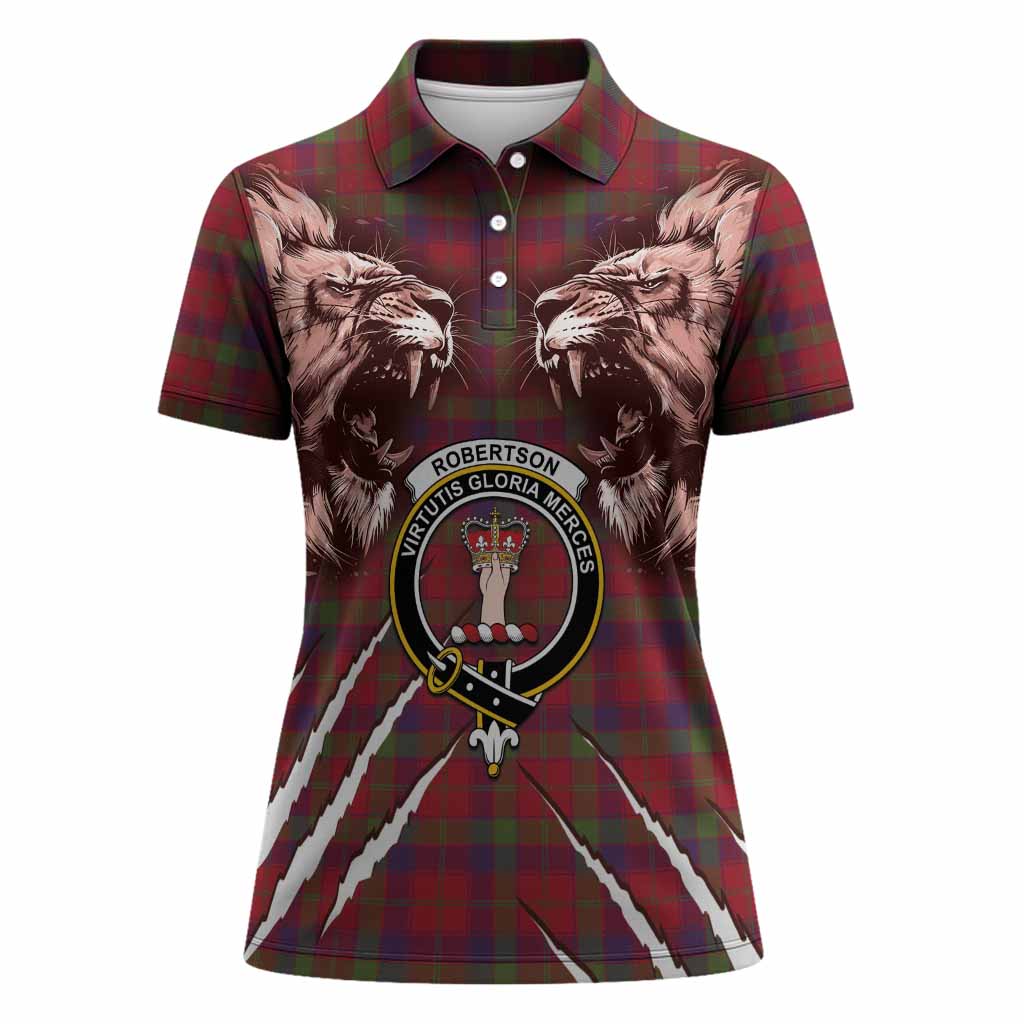 Robertson Tartan Crest Women Polo Shirt Ferocious Lion Style