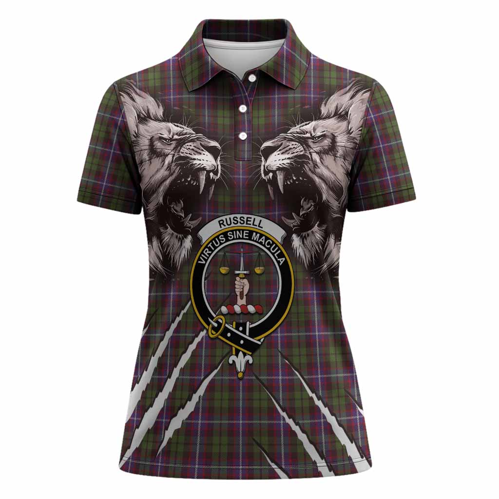 Russell Tartan Crest Women Polo Shirt Ferocious Lion Style