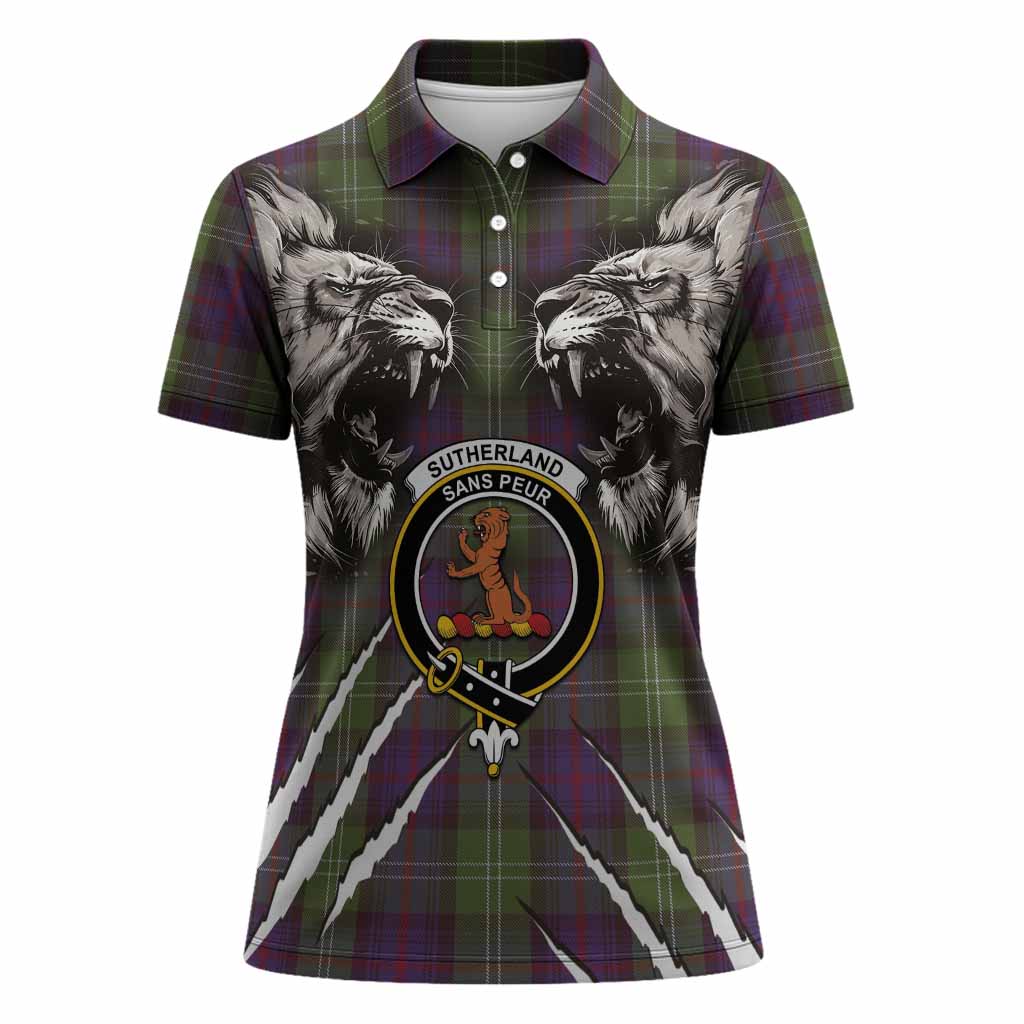 Sutherland Tartan Crest Women Polo Shirt Ferocious Lion Style
