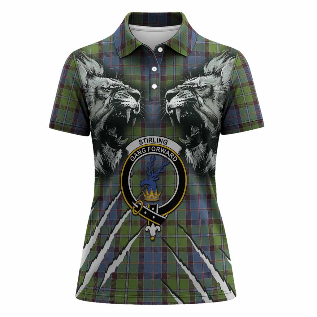 Stirling Tartan Crest Women Polo Shirt Ferocious Lion Style