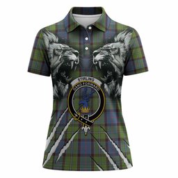 Stirling Tartan Crest Women Polo Shirt Ferocious Lion Style