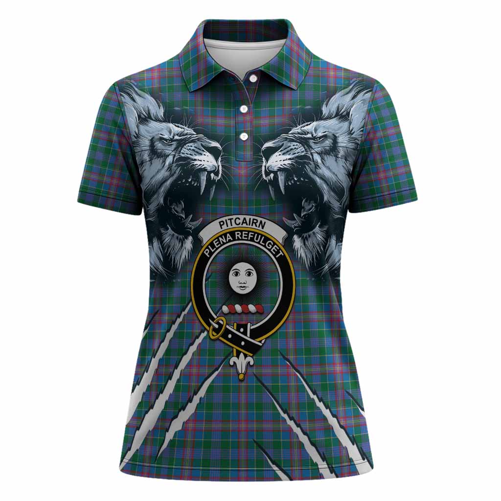 Pitcairn Tartan Crest Women Polo Shirt Ferocious Lion Style