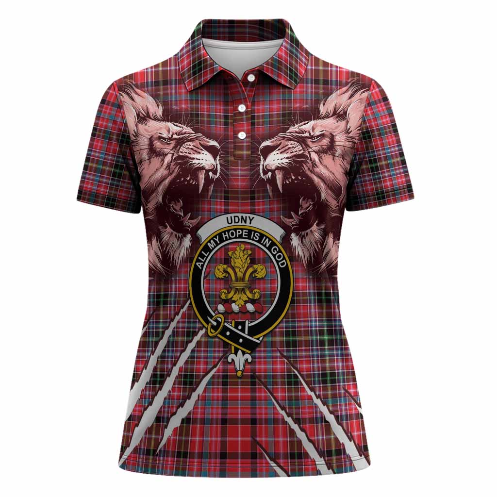 Udny Tartan Crest Women Polo Shirt Ferocious Lion Style