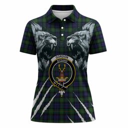 Gordon Tartan Crest Women Polo Shirt Ferocious Lion Style