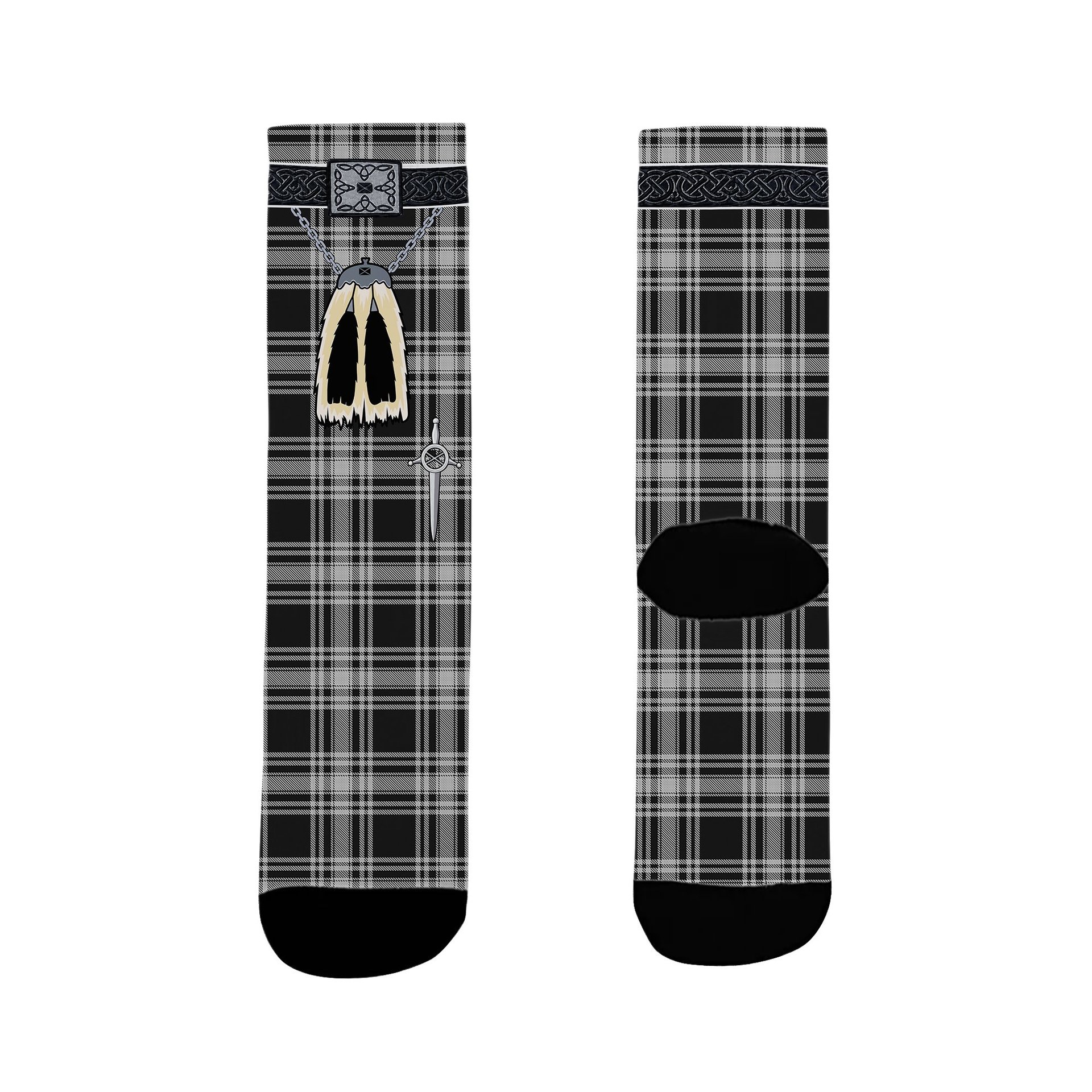 ScotsTee Shop Scottish Menzies Black and White Clan Highland Kilt Sporran Tartan Socks